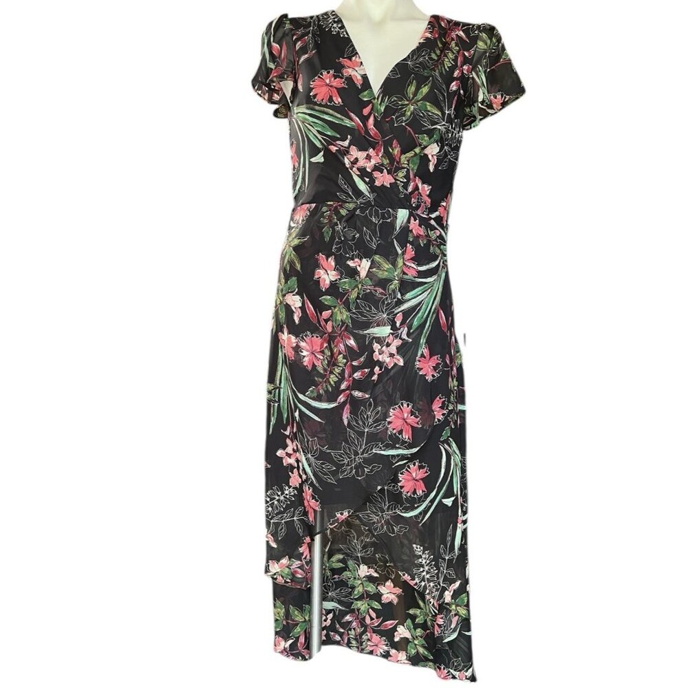 Julia Jordan Size 6 Floral Dress High Low Hem B & W Green Pink Lined Faux Wrap